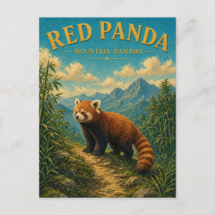 Cartão Postal Panda Vermelho Montanha Bambu Aquarela GeoSaga
