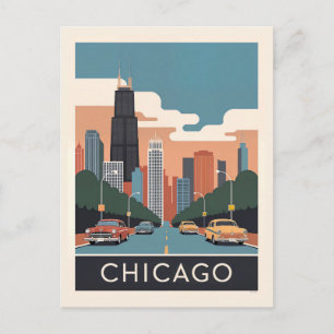 Cartão Postal Panorama da Cidade de Chicago Illinois Vintage Car