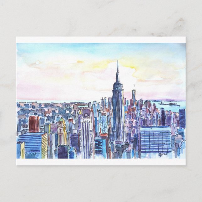 Cartão Postal Panorama de Manhattan Skyline em aquarela (Frente)