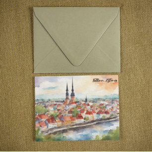 Cartão Postal Panorama de Tallinn Estônia Pintura em Aquarela 