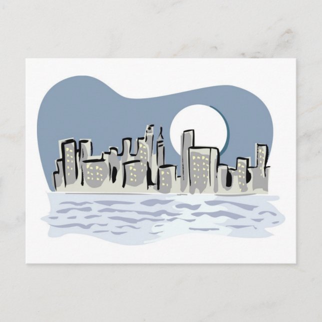 Cartão Postal Panorama Urbano da Cidade sob Lua Cheia (Frente)