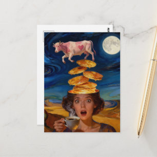 Cartão Postal Panquecas Senhora Café Surpresa Vaca Rosa
