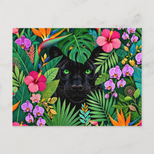 Cartão Postal Pantera Preta Flores da Selva & Folhagem Tropical