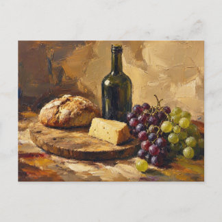 Cartão Postal Pão Queijo Vinho Uvas Pintura arte abstrata