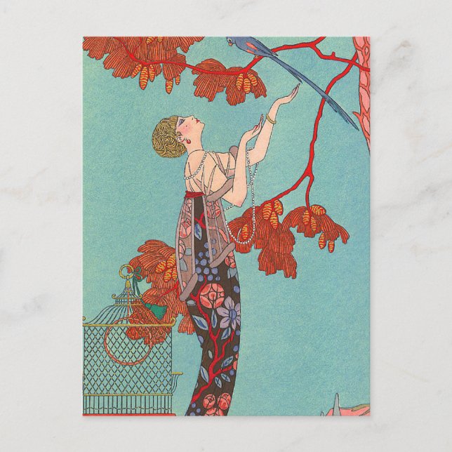 Cartão Postal Papagaio Azul Louco por George Barbier (Frente)