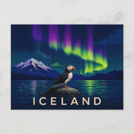 Cartão Postal Papagaio-do-mar Atlântico sob a Aurora | Islândia