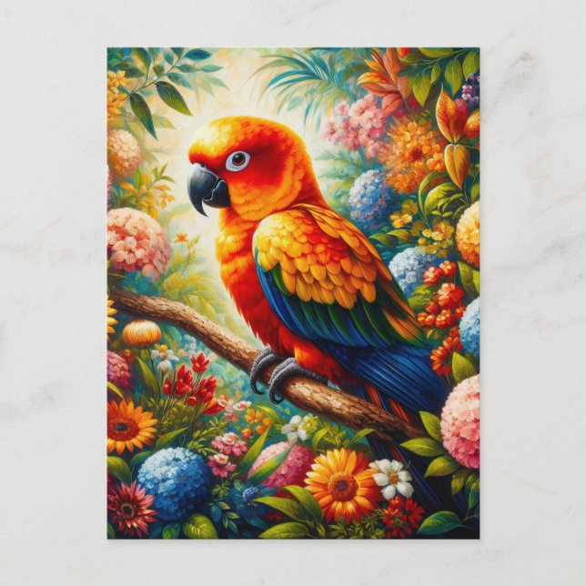 Cartão Postal Papagaio Sun Conure com Flores Coloridas (Frente)