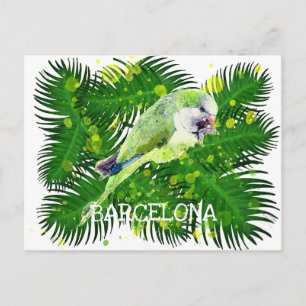 Cartão Postal Papagaio verde e palmeiras aquarelas