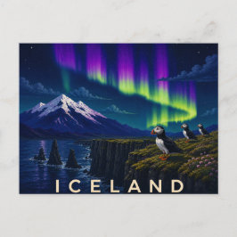 Cartão Postal Papagaios-do-mar no Penhasco sob a Aurora | Islând