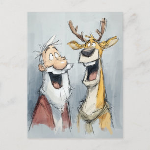 Cartão Postal Papai Noel Alegre e Renas Riem