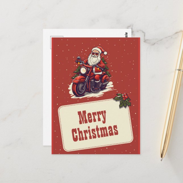 Cartão Postal Papai Noel Andando de Bicicleta Cartoon (Frente/Verso In Situ)