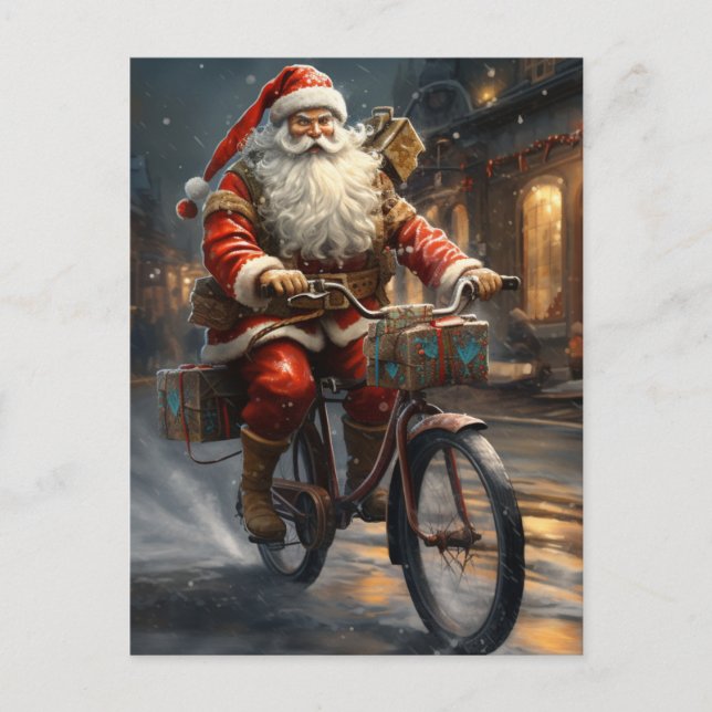 Cartão Postal Papai Noel Andando na Bicicleta Natal (Frente)