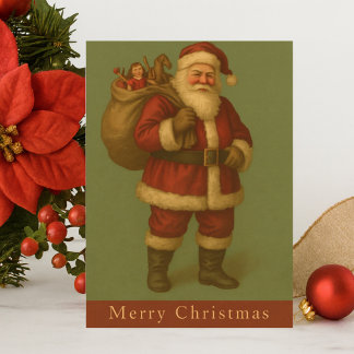 Cartão Postal Papai Noel Antigo com Saco de Brinquedos Natal