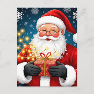 Cartão Postal Papai Noel ao lado da árvore de Natal e presentes