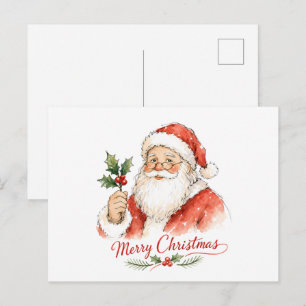 Cartão Postal Papai Noel aquarela com azevinho