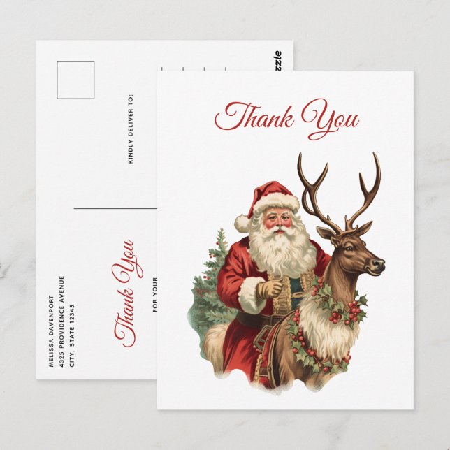 Cartão Postal Papai Noel Clássico Montado numa Rena Obrigado (Frente/Verso)