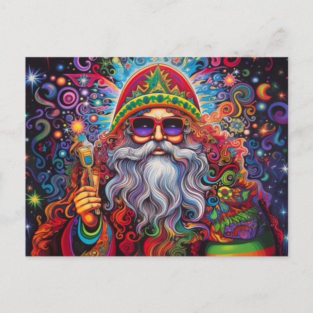 Cartão Postal Papai Noel Colorido Arte Hippie  (Frente)