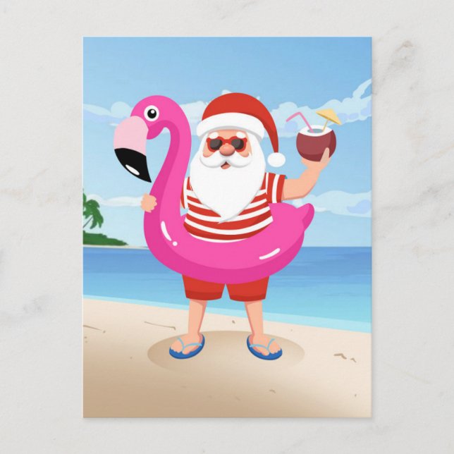 Cartão Postal Papai Noel com anel inflável flamingo (Frente)