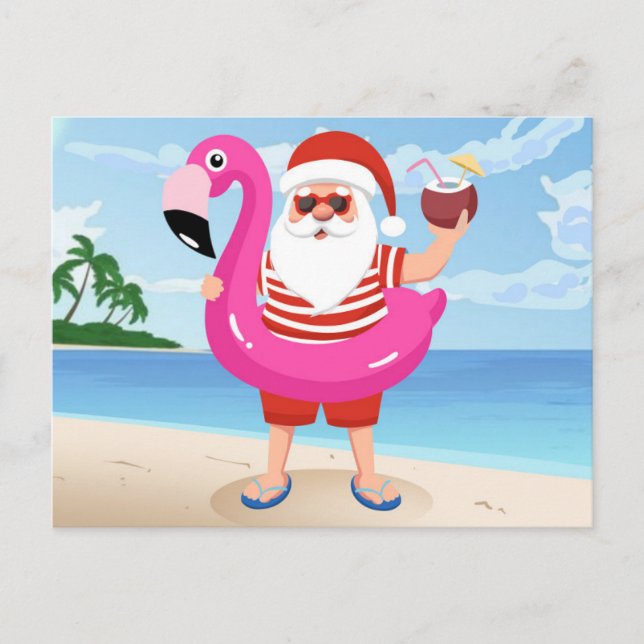 Cartão Postal Papai Noel com anel inflável flamingo (Frente)