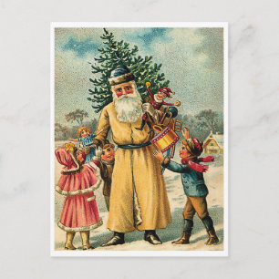 Cartão Postal Papai Noel com crianças e árvore de Natal, colhe