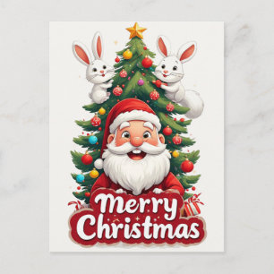 Cartão Postal Papai Noel com dois coelhos na árvore de Natal