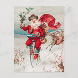 Cartão Postal Papai Noel de Natal Antigo Bicicleta Rena