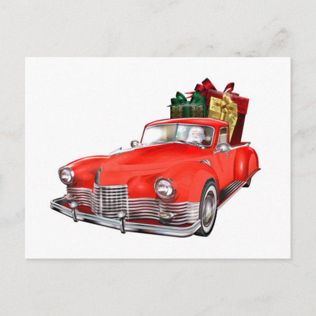 Cartão Postal Papai Noel dirigindo um carro retrô com giftsb (Frente)