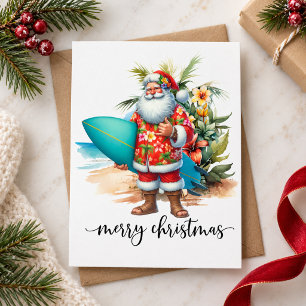 Cartão Postal Papai Noel do Havaí segurando prancha de surfe no