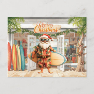 Cartão Postal Papai Noel do Havaí segurando prancha de surfe no