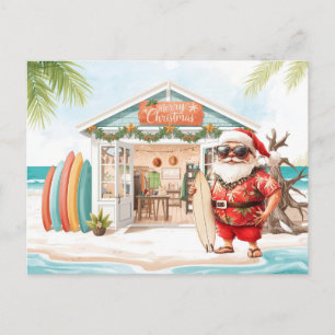 Cartão Postal Papai Noel do Havaí segurando uma prancha de surfe