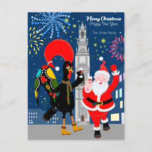 Cartão Postal Papai Noel e o Galo brindam ao Ano Novo