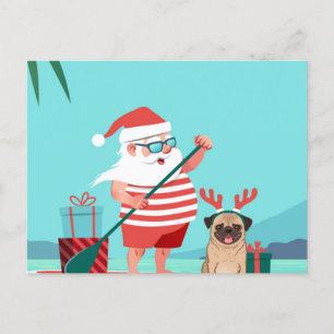 Cartão Postal Papai Noel e o Pug dele no surfboard