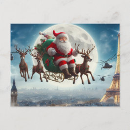 Cartão Postal Papai Noel e trenó sobre Paris, França,