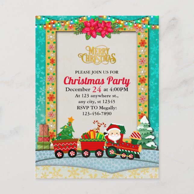 Cartão Postal Papai Noel em trem com presentes e árvore de Natal (Frente)