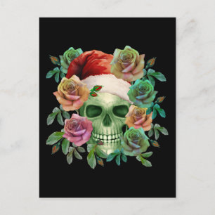 Cartão Postal Papai Noel Engraçado Caveira Verde e Floral de Nat