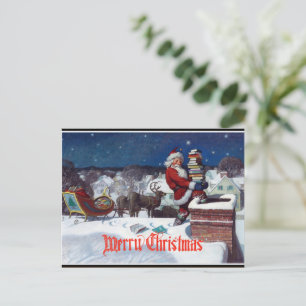 Cartão Postal Papai Noel entregando uma braçada de livros,