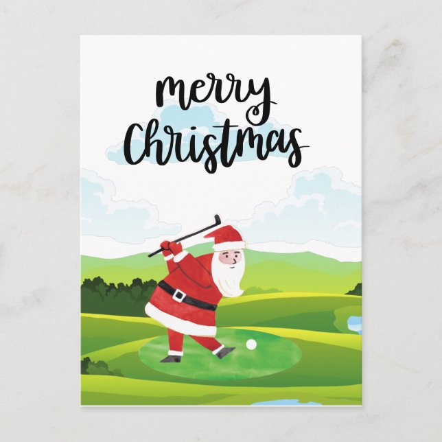 Cartão Postal Papai Noel está jogando golfe no Natal (Frente)