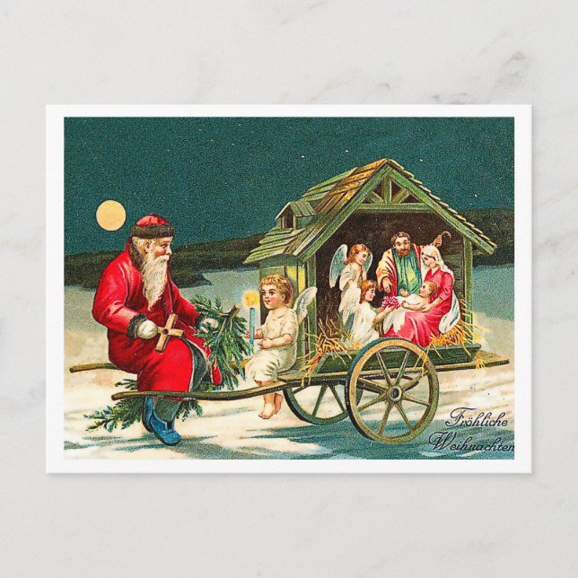 Cartão Postal Papai Noel idoso com a família de Jesus, religiosa (Frente)