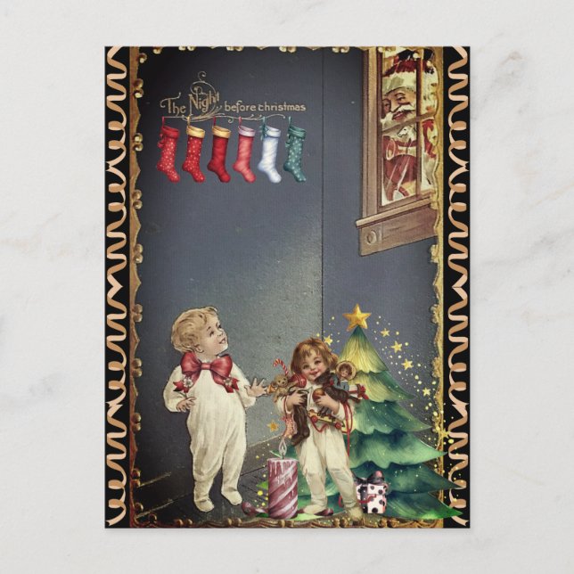 Cartão Postal Papai Noel na Janela das Crianças na Noite de Nata (Frente)