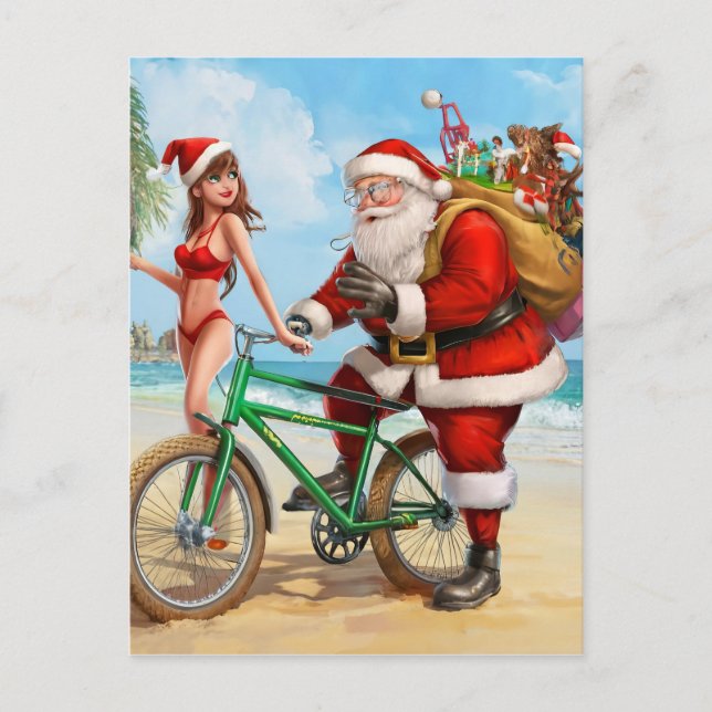 Cartão Postal Papai Noel na praia, Feliz Natal! (Frente)