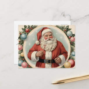 Cartão Postal Papai Noel Vintage com Coroa de Natal