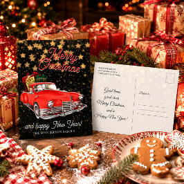 Cartão Postal Papai Noel Vintage em um Carro Cumprimentos de Nat