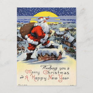 Cartão Postal Papai Noel Vintage no Telhado Nevado