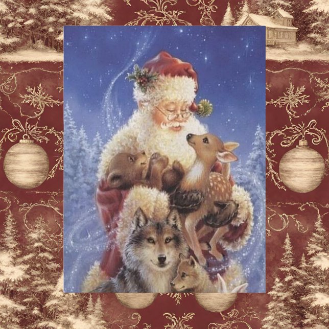 Cartão Postal Papais noeis com Urso e Lobo (Santa Claus Postcard)