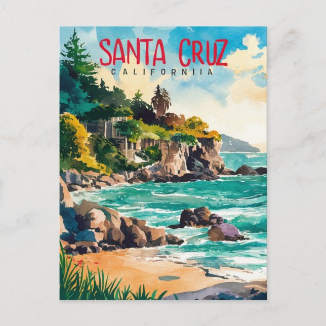 Cartão Postal Papais noeis Cruz California Watercolor (Frente)
