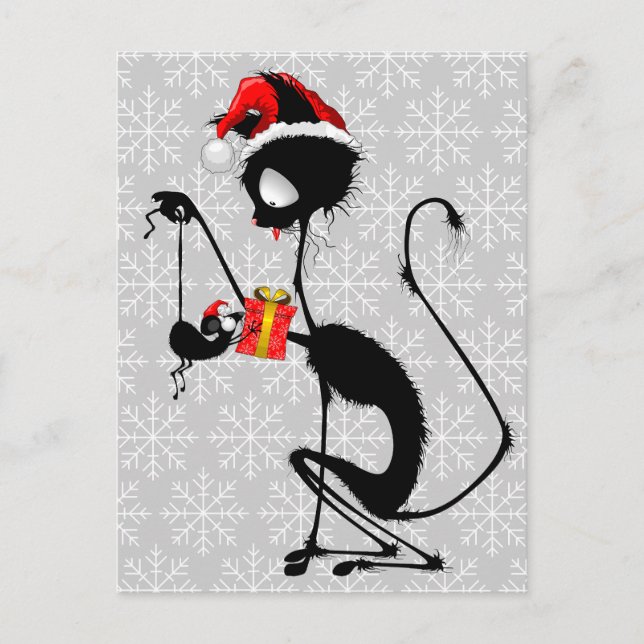 Cartão Postal Papais noeis de gato e rato com presente de Natal (Frente)