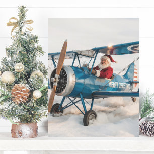 Cartão Postal Papais noeis de Natal Blue Biplane Avião e Foto En