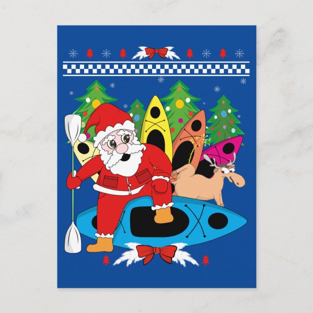 Cartão Postal Papais noeis de Natal Kayak Kayaker Xmas Kayaking (Frente)