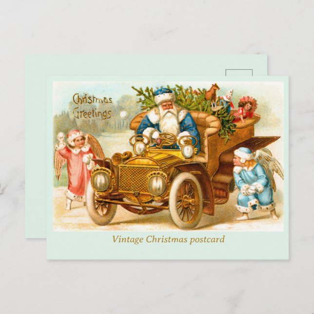 Cartão Postal Papais noeis no carro com anjos tocando. Natal (Frente/Verso)