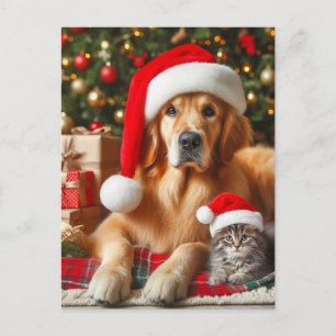 Cartão Postal Papais noeis Pets Ouro Retriever e Kitty Natal